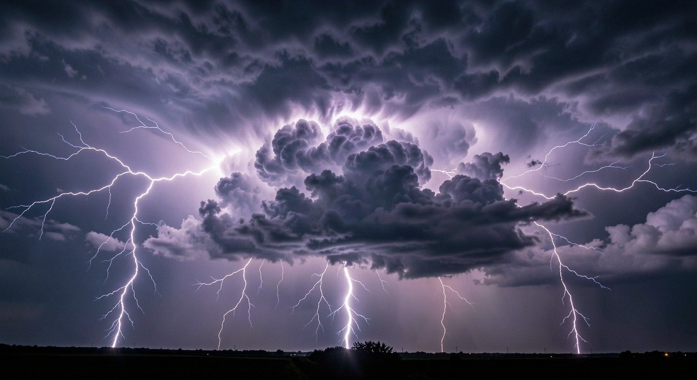 Severe thunderstorm over Midwest plains with dark shelf cloud, June 2026
