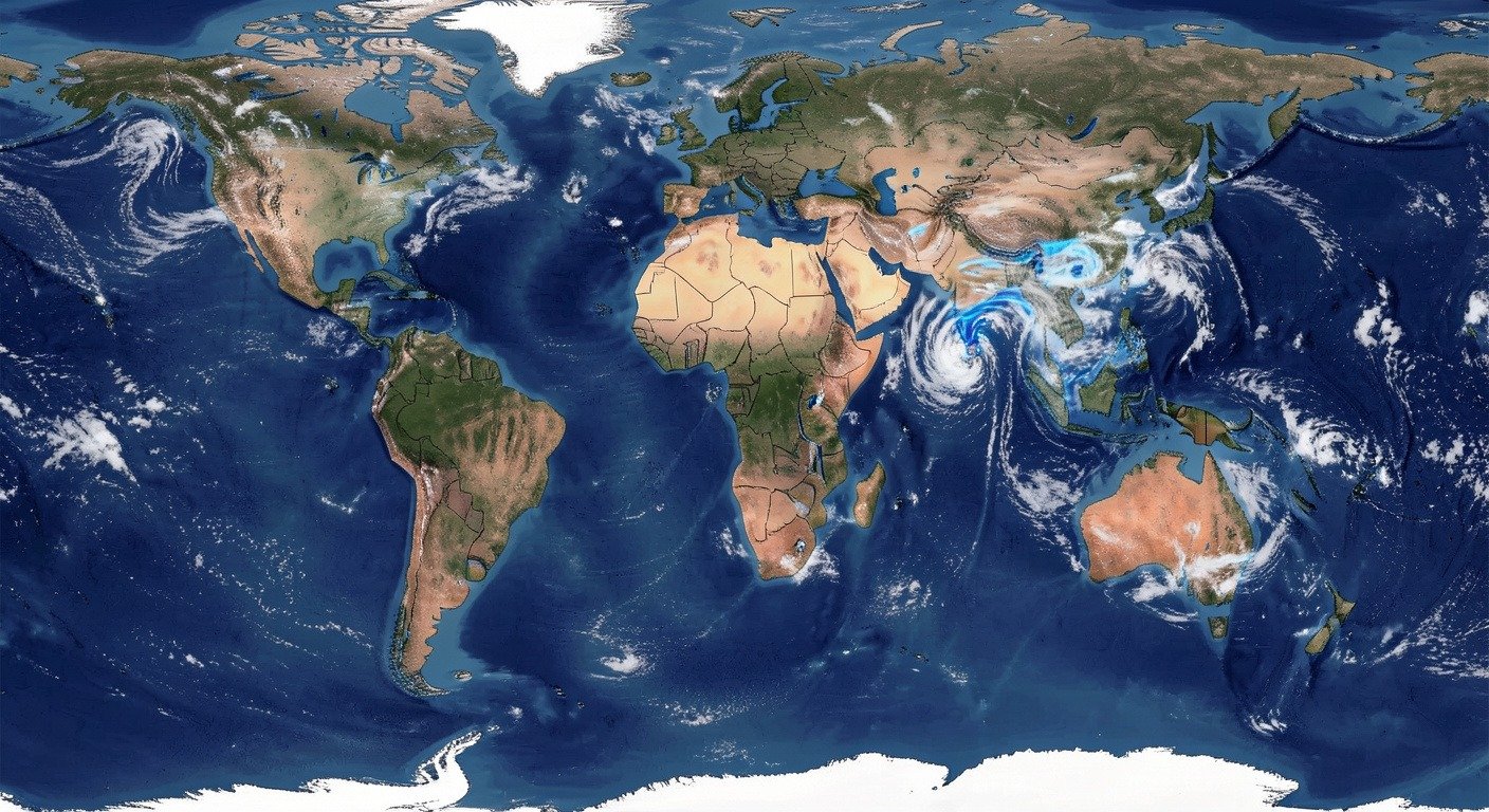 Global map showing El Nino weather impacts including drought regions and storm patterns