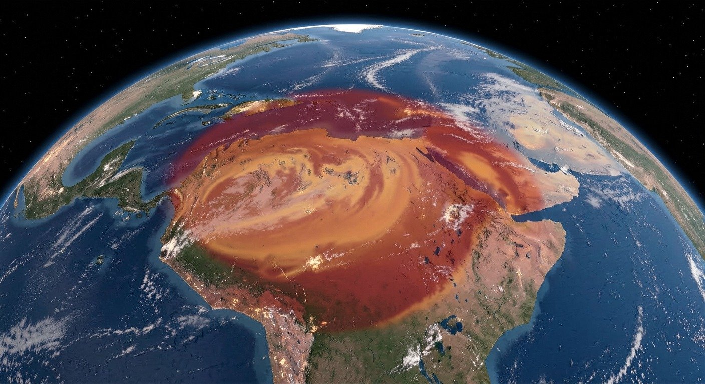Aerial view of Pacific Ocean showing El Nino warm water anomaly spreading across the central equatorial Pacific