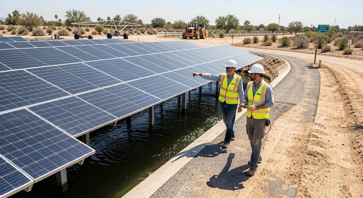 Aerial drone view of solar canal installation spanning California aqueduct