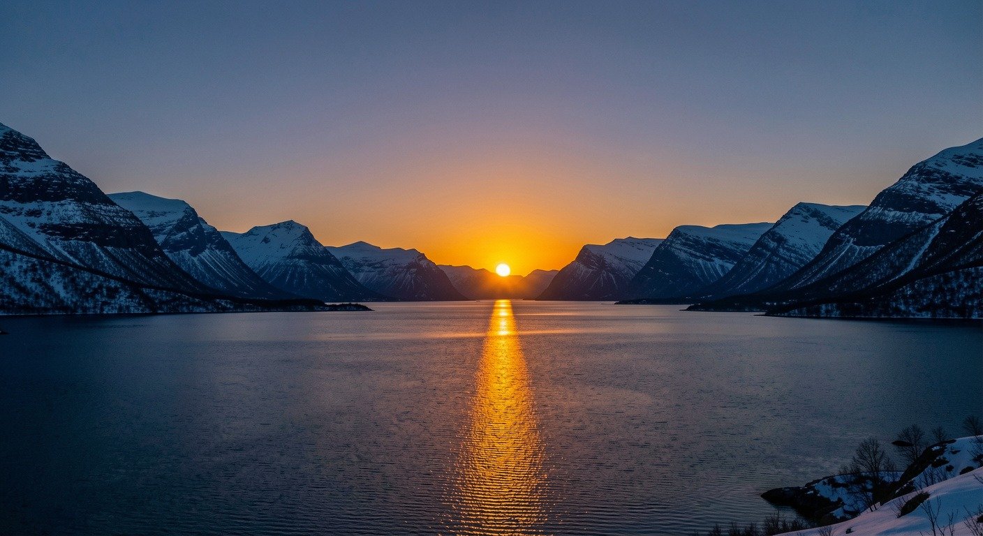 Midnight sun glowing over Norwegian fjord landscape at midnight