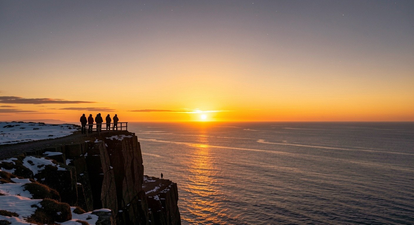 Travelers watching midnight sun at North Cape Norway