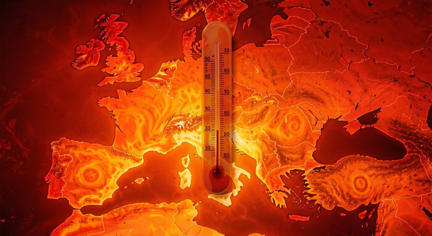 Thermometer with extreme temperatures and European heat warning map June 2026