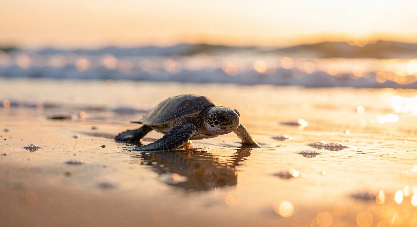 Baby sea turtle hatchling crawling toward the ocean at sunrise, a hopeful symbol of sea turtle conservation success