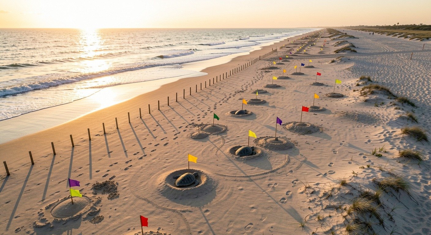 Aerial view of protected sea turtle nesting beach with conservation stakes marking nest sites, showing conservation efforts at scale
