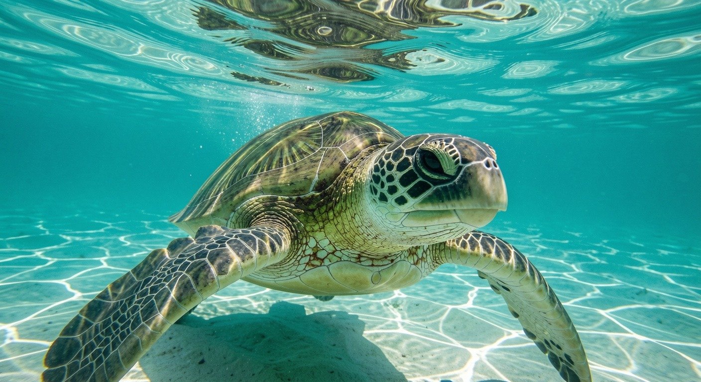 Green sea turtle swimming gracefully in clear turquoise ocean water, demonstrating the successful recovery of marine turtle populations worldwide