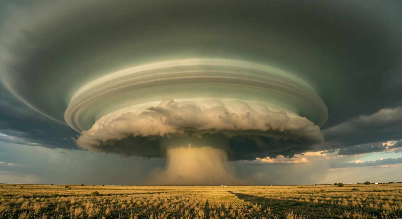 Supercell thunderstorm with visible rotating mesocyclone and wall cloud over the Great Plains
