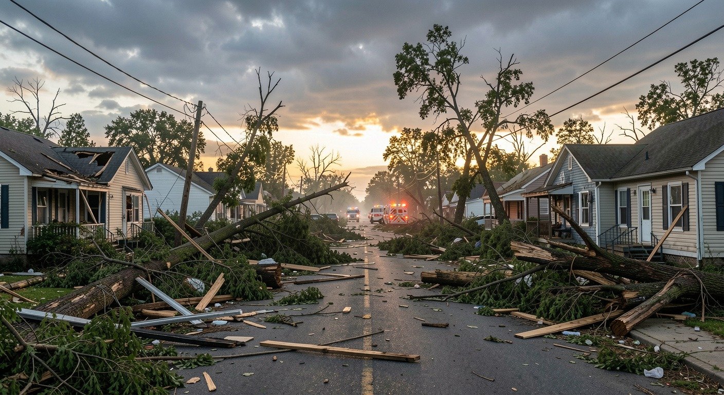 Tornado aftermath showing path of destruction through a small town with damaged homes and debris scattered on neighborhood street