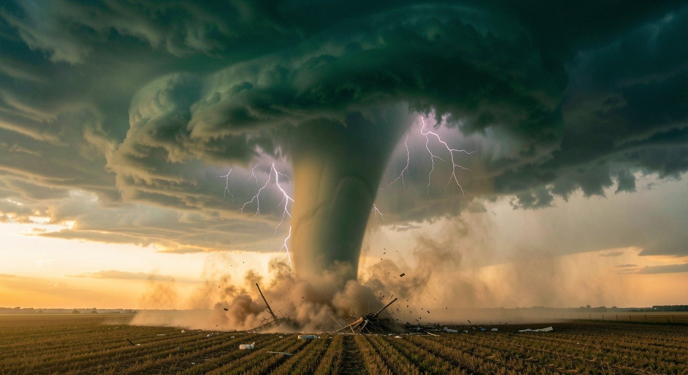 Massive tornado funnel descending from supercell thunderstorm over flat farmland at golden hour