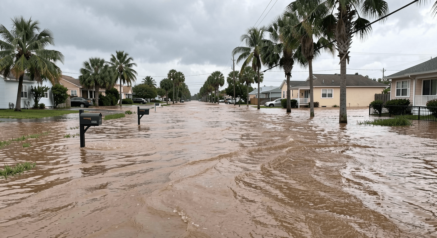 Flooded residential street after Tropical Storm Arthur, Gulf Coast flooding 2026
