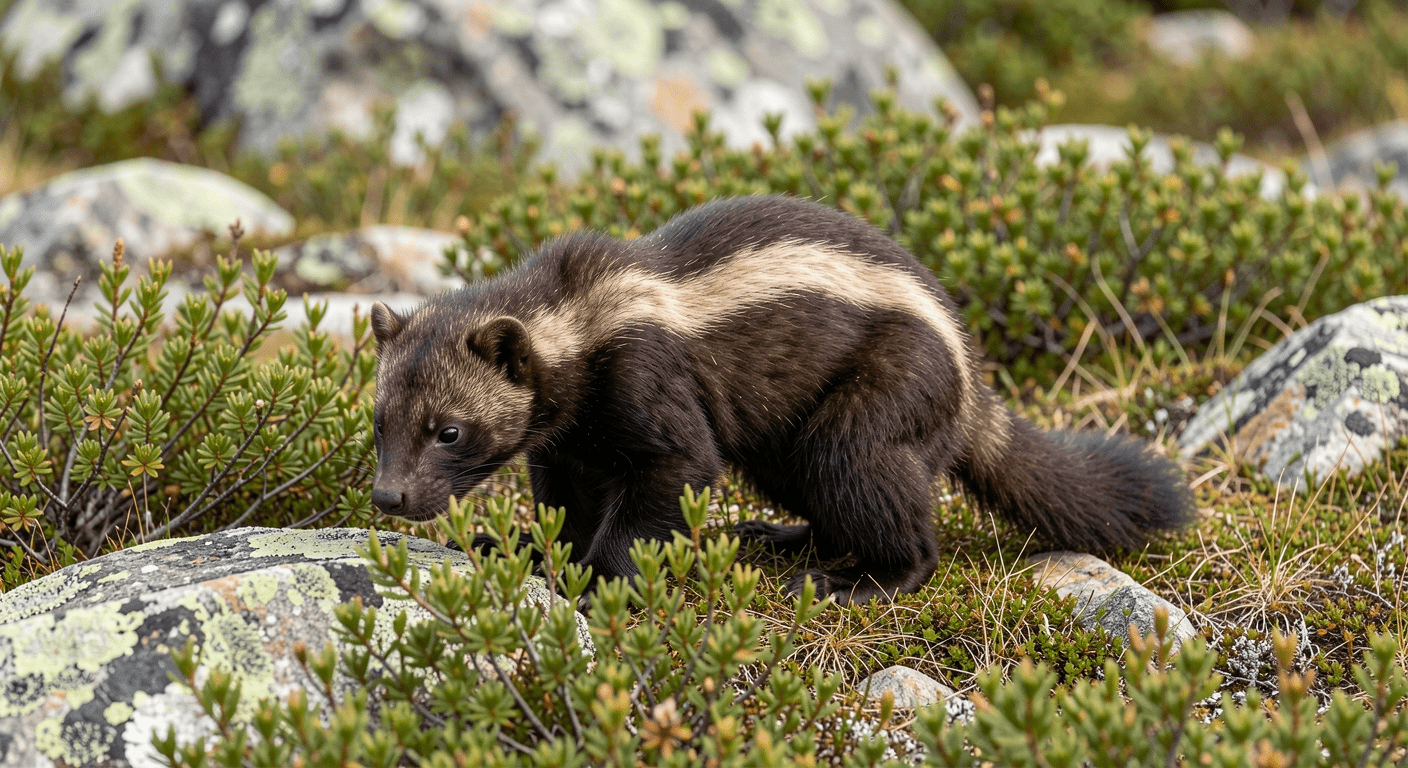 Wolverine Gulo gulo in Swedish mountain landscape, conservation species at risk