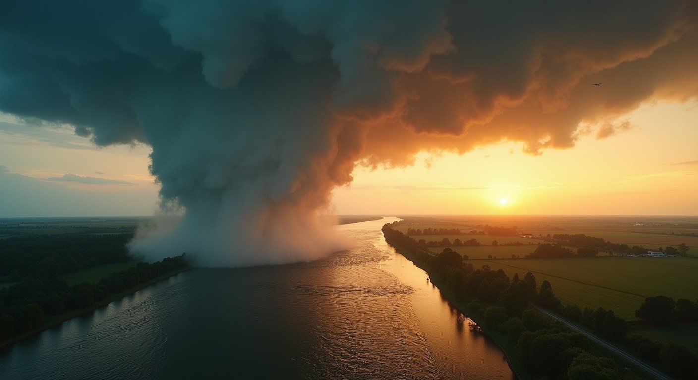 A massive tornado crossing a wide river at sunset, disproving the common myth that bodies of water can stop or weaken tornadoes