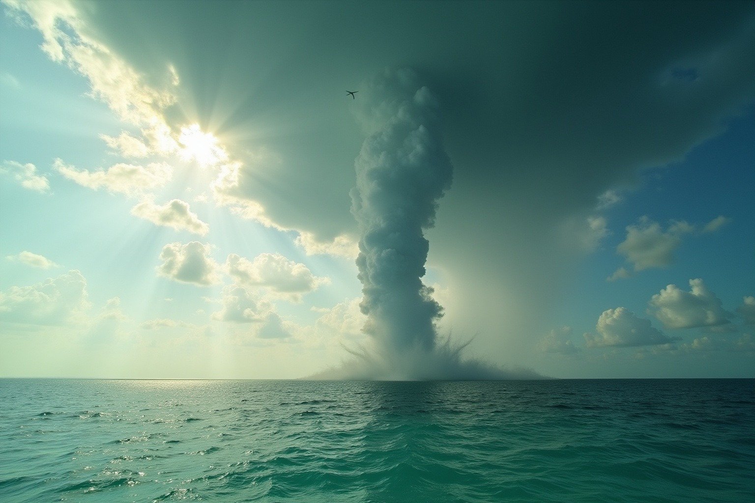 A fair weather waterspout stretches from the ocean surface to cumulus clouds above the Florida Keys on a summer morning
