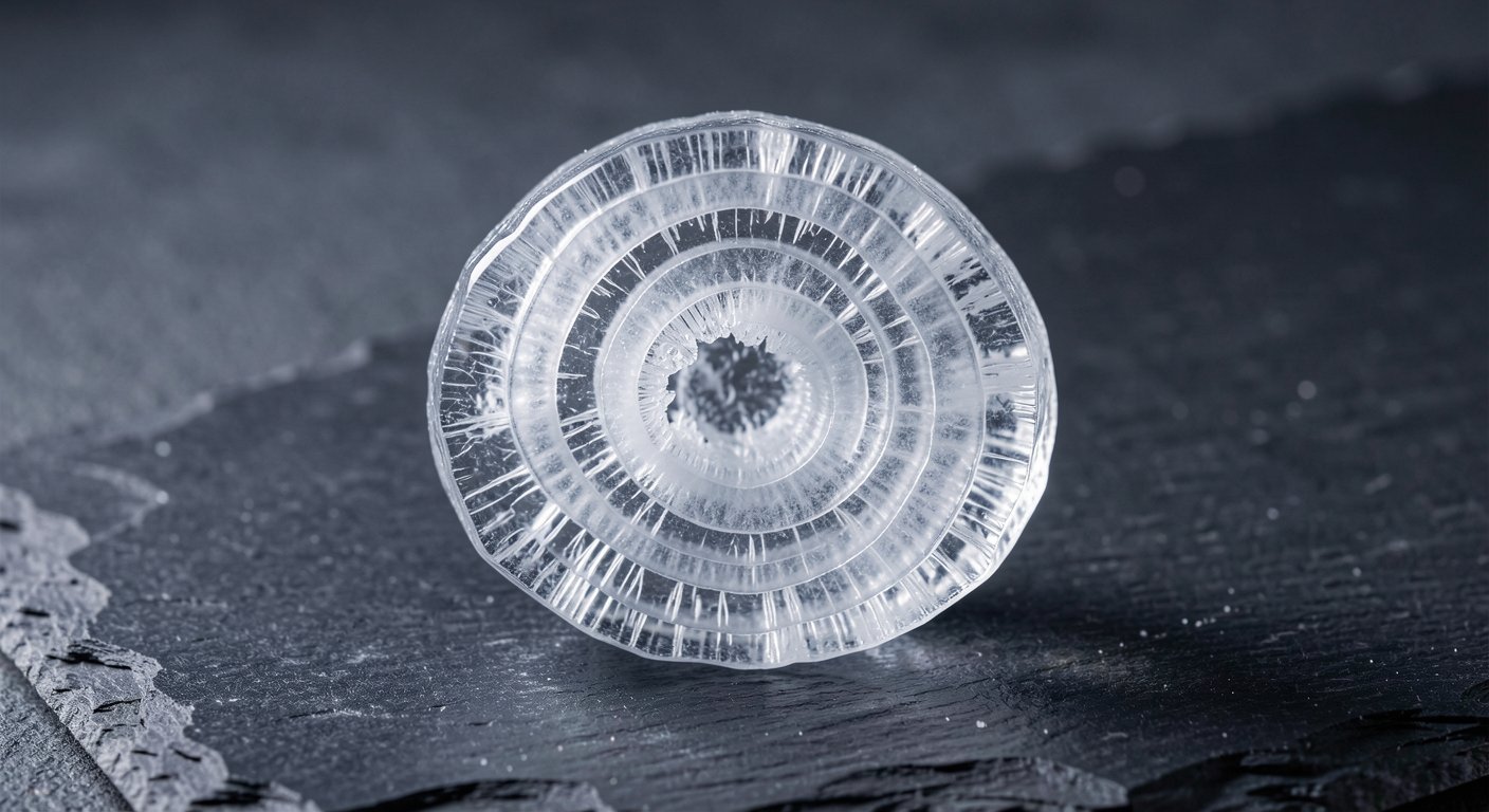 Cross-section of a hailstone showing visible concentric rings of clear and cloudy ice layers on a dark surface