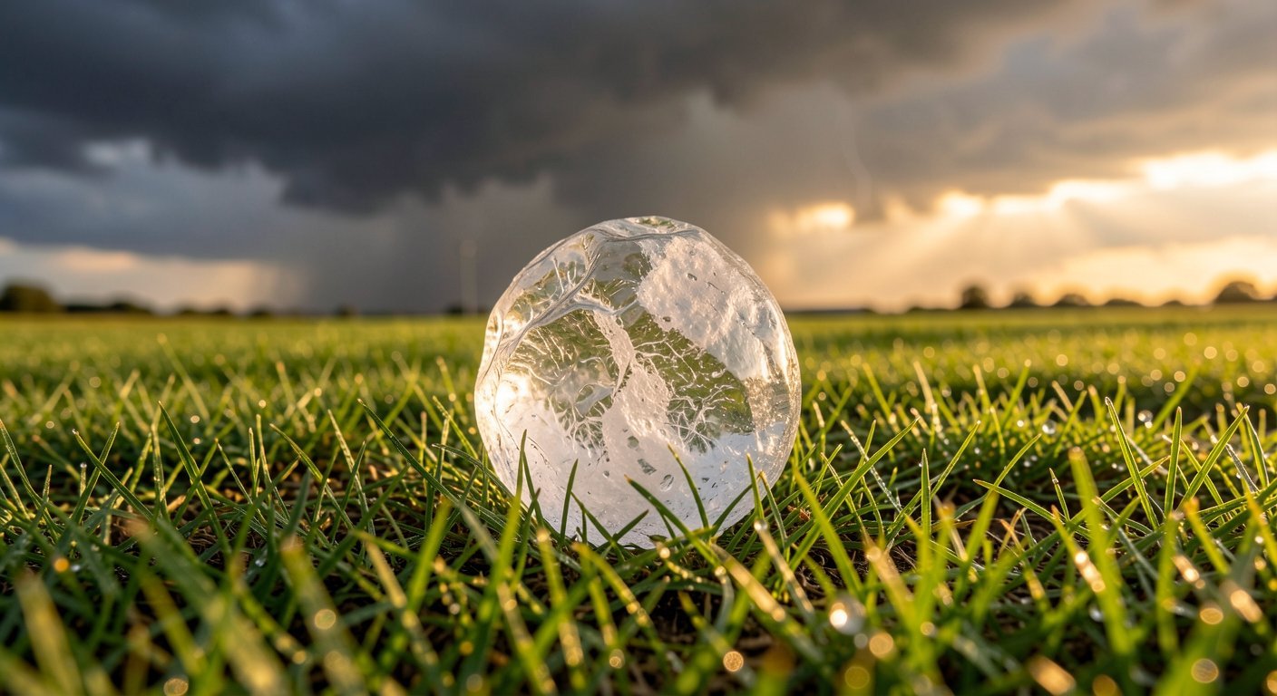 Large baseball-sized hailstone resting on green summer grass with dark storm clouds receding in the background, warm golden sunlight breaking through