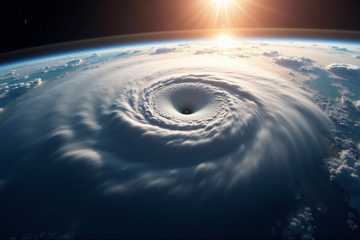 GOES weather satellite in orbit over Earth with a hurricane visible on the surface below, dramatic space photography style
