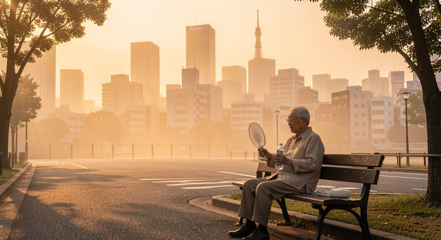 Tokyo skyline in summer heat haze with elderly resident resting on shaded park bench holding a water bottle, illustrating the Tokyo heat emergency 2026 and urban heat island effect