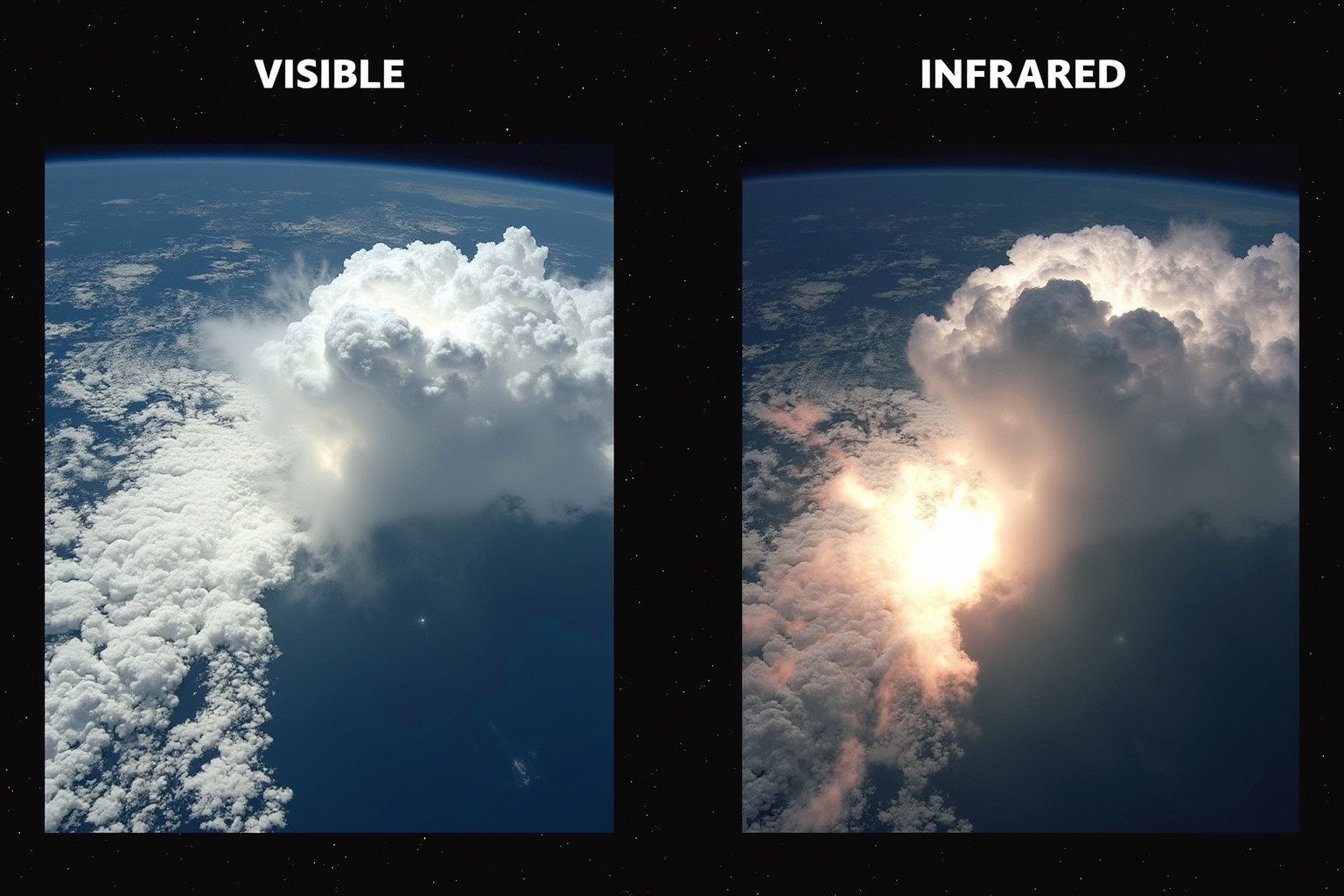 Visible light vs infrared satellite imagery comparison of a thunderstorm
