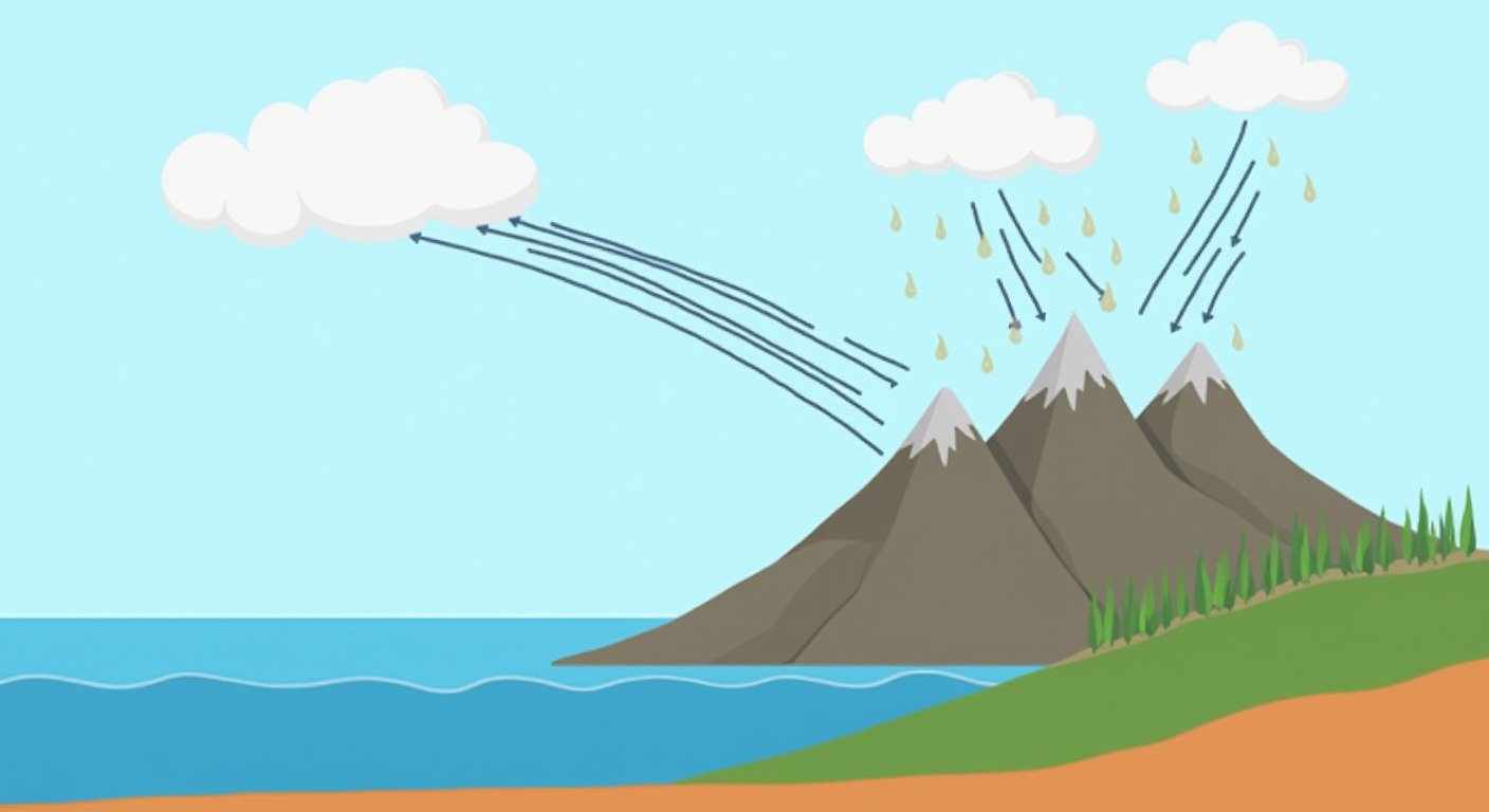 Cross-section diagram showing an atmospheric river moisture plume forming over warm ocean and rising over coastal mountains.
