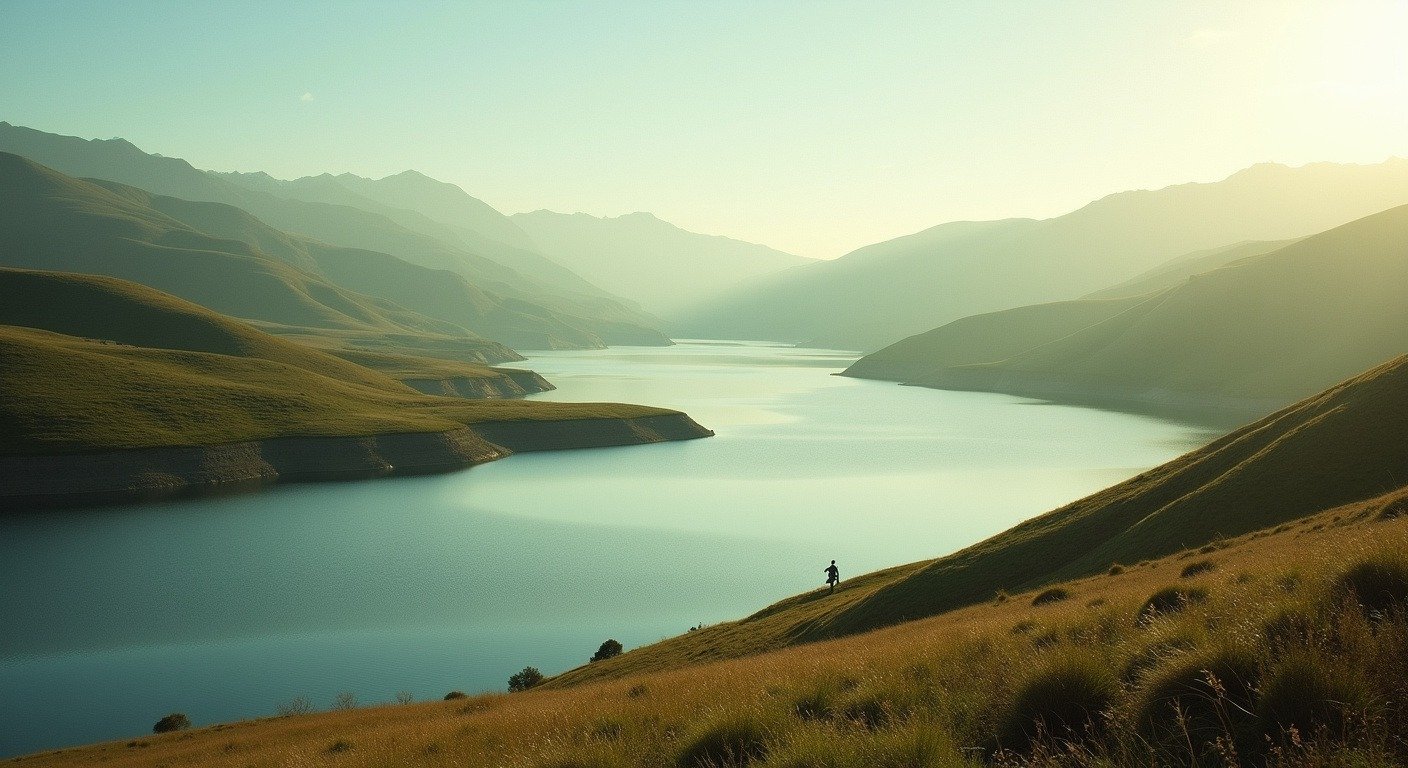 A California reservoir at full capacity surrounded by green rolling hills with Sierra Nevada mountains in the background.