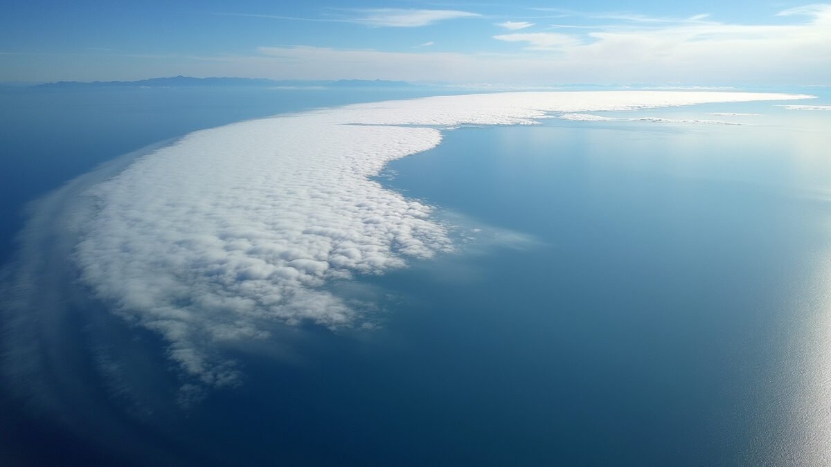 Satellite view of an atmospheric river moisture band, a narrow concentrated plume of water vapor stretching across the Pacific Ocean approaching the California coast. Atmospheric rivers explained: invisible sky rivers carrying more water than the Amazon.