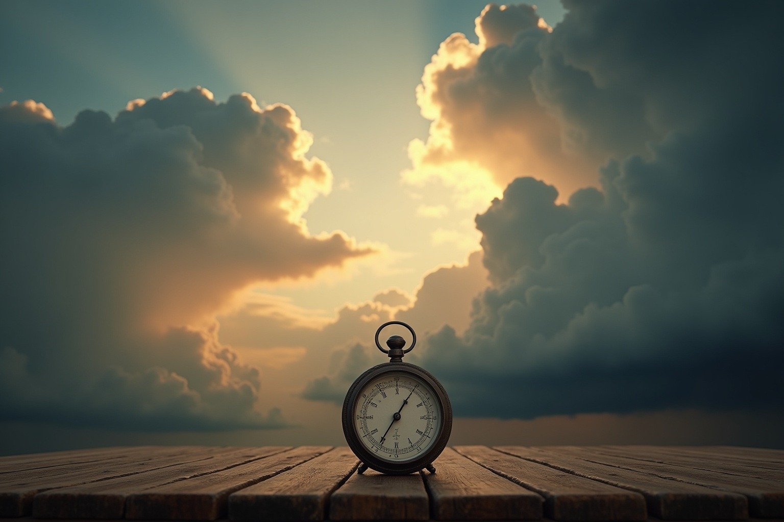 Dramatic storm clouds forming under low pressure with an old-fashioned barometer in foreground
