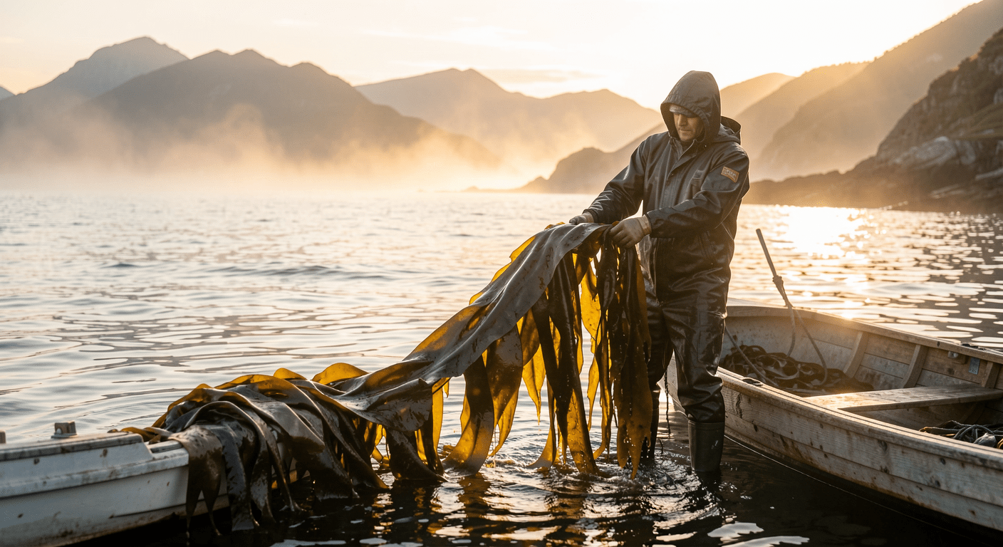 Seaweed farmer harvesting fresh kelp on a coastal farm at sunrise, demonstrating sustainable ocean superfood production