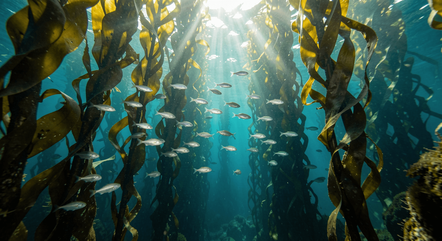 Thriving underwater kelp forest with sunlight and fish, showing the ocean ecosystem that produces this superfood from the ocean