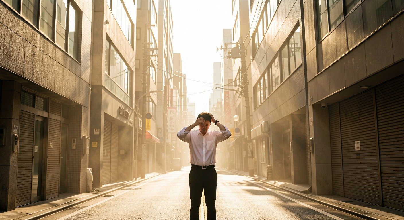 Narrow Tokyo street canyon with towering buildings, heat haze shimmering above asphalt, office worker wiping sweat from forehead in harsh midday sun, illustrating urban heat island effect