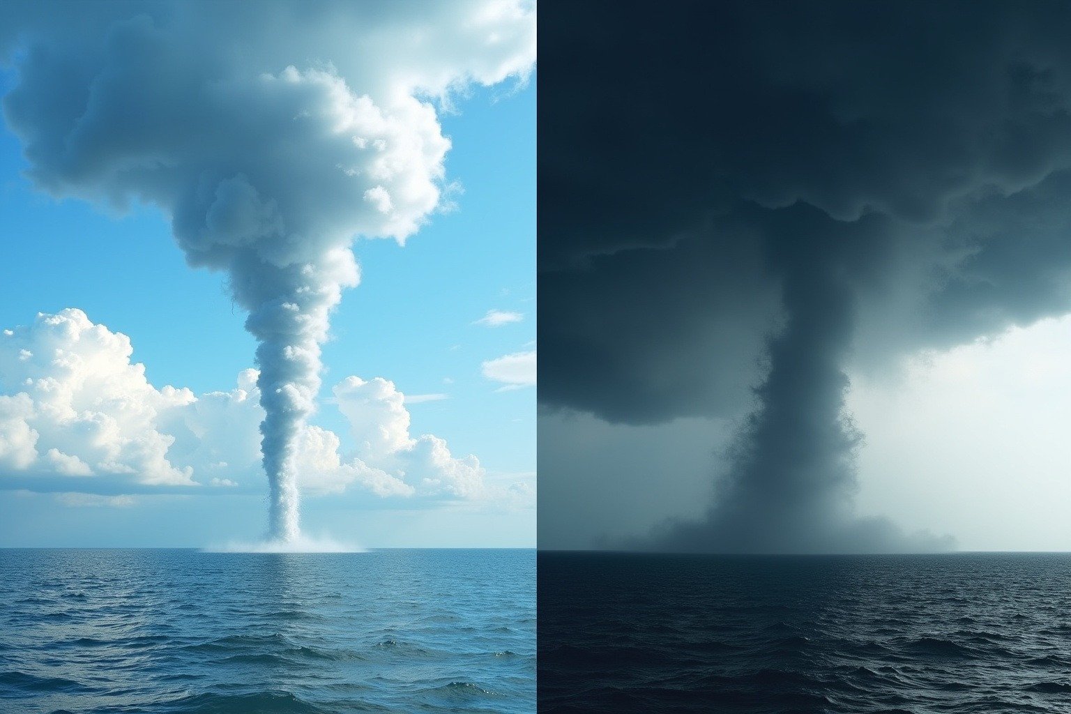 Side-by-side comparison of fair weather waterspout forming from calm water versus tornadic waterspout descending from a dark supercell thunderstorm