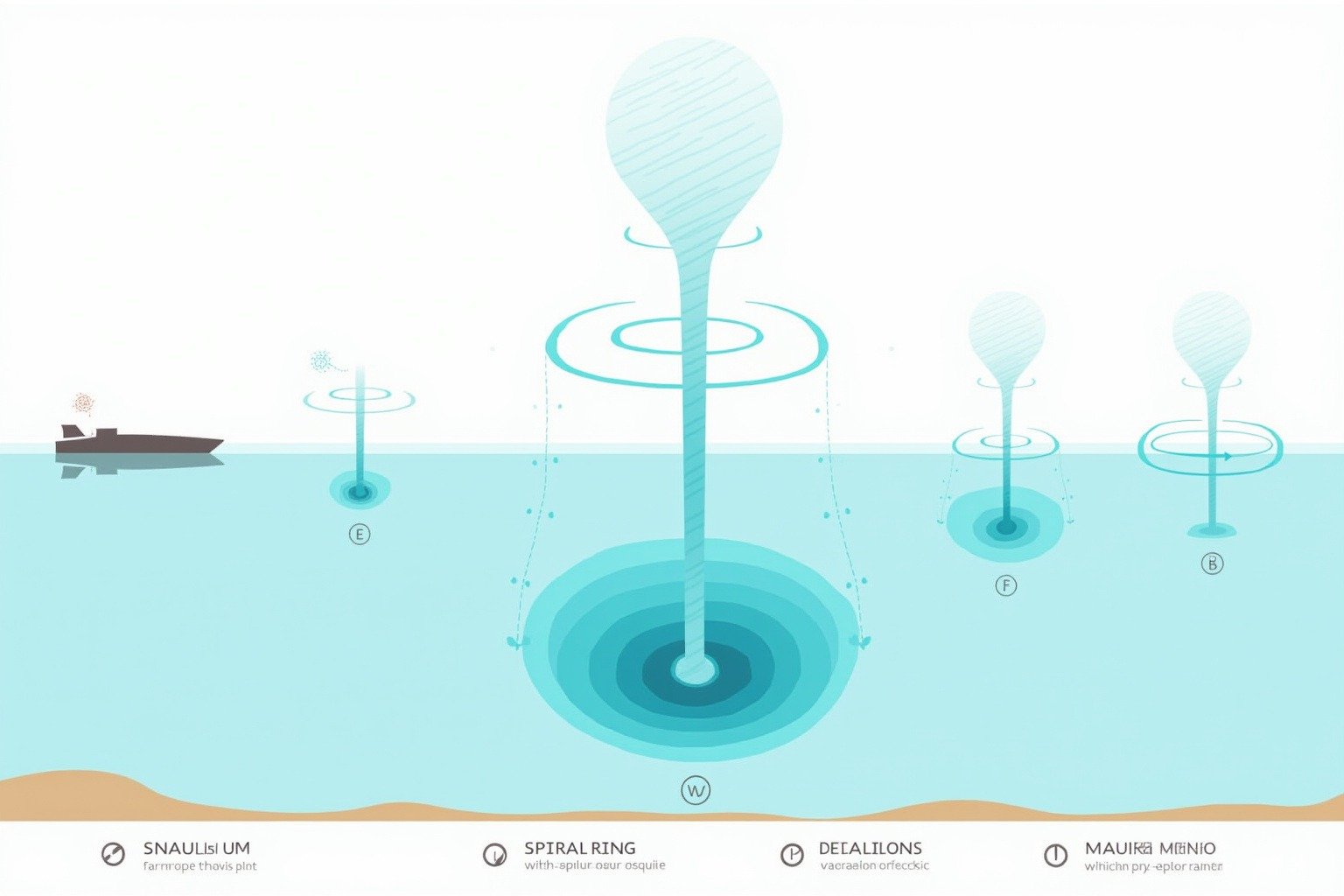 Infographic showing the five stages of fair weather waterspout formation from dark spot to decay with ocean-blue scientific illustration style
