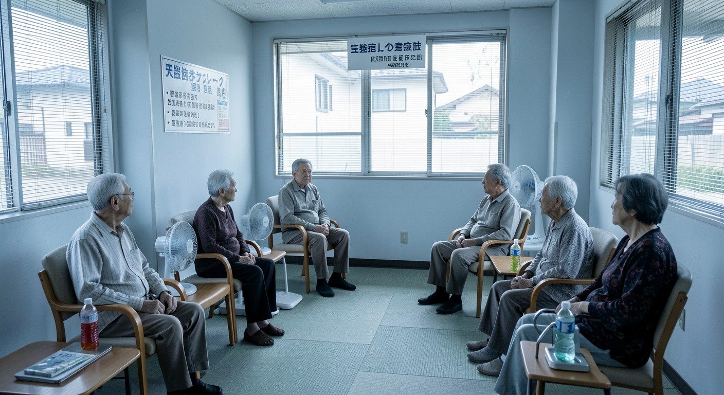 Interior of a Japanese community cooling shelter with elderly residents resting with fans and cold drinks, designated cooling center offering relief from <a href=