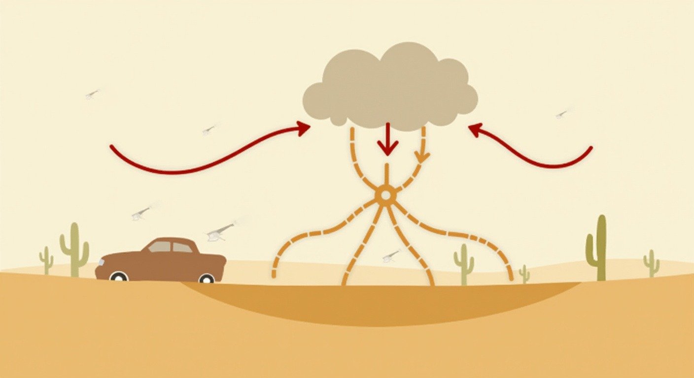 Diagram showing how a haboob forms: thunderstorm cloud producing a cold downdraft that hits the desert ground and spreads outward, sweeping up dust into a massive advancing wall.
