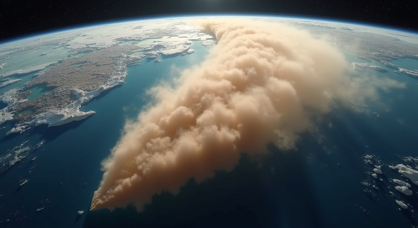 A vast dust plume stretching from the Sahara, viewed from above.