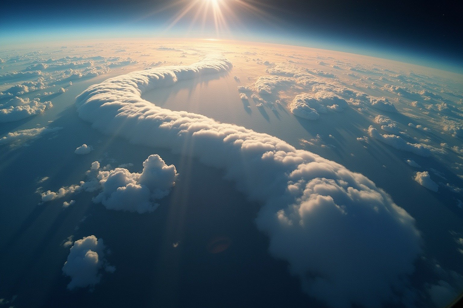 The jet stream as a visible ribbon of wind high above Earth, undulating across the atmosphere with clear skies under the ridge and storm clouds below