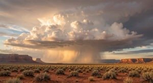 Monsoon storm clouds building over a desert landscape during seasonal wind shifts