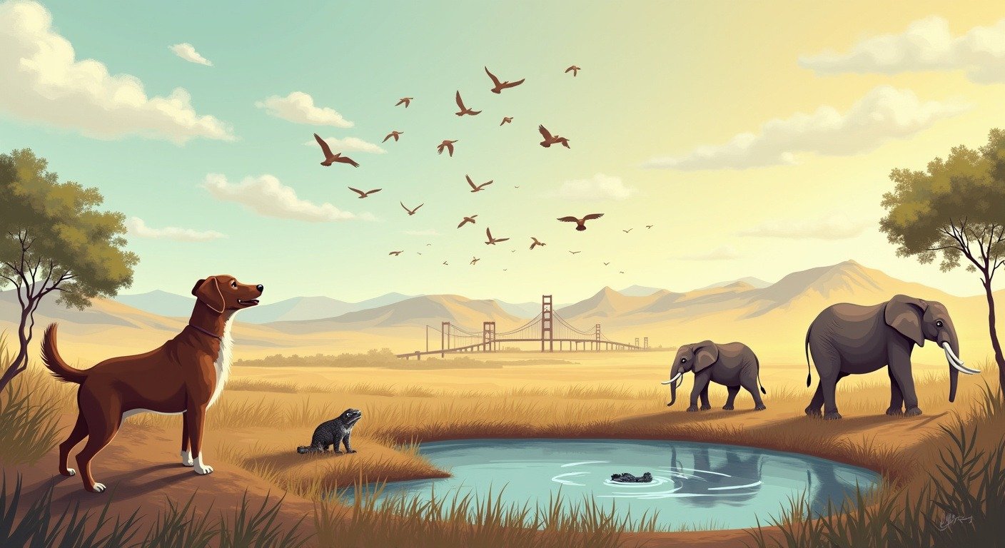 Scientific illustration showing four ways animals detect earthquakes before humans: P-wave sensing, groundwater chemistry changes, electromagnetic field disturbance, and infrasound detection.