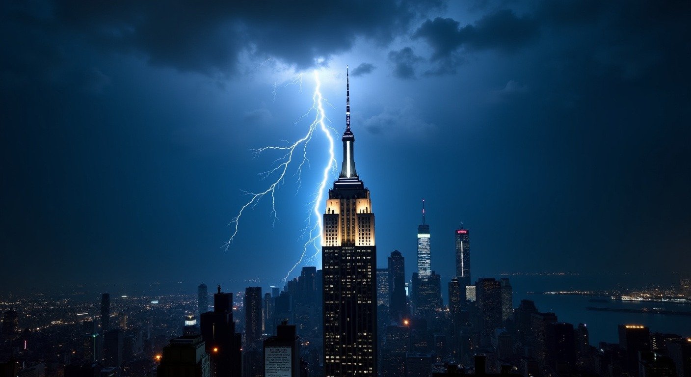 Lightning striking the Empire State Building at night during a thunderstorm, demonstrating that lightning repeatedly hits the same tall structures.