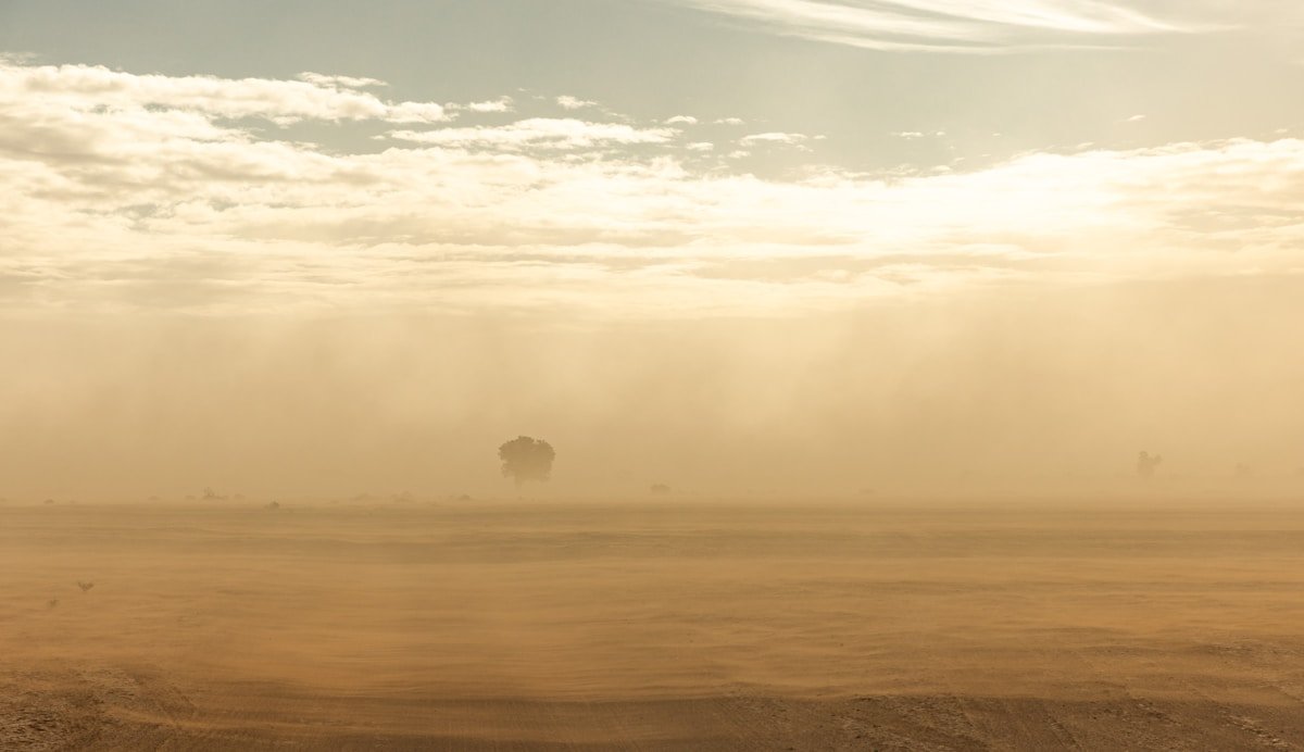 Dust storm approaching across desert landscape