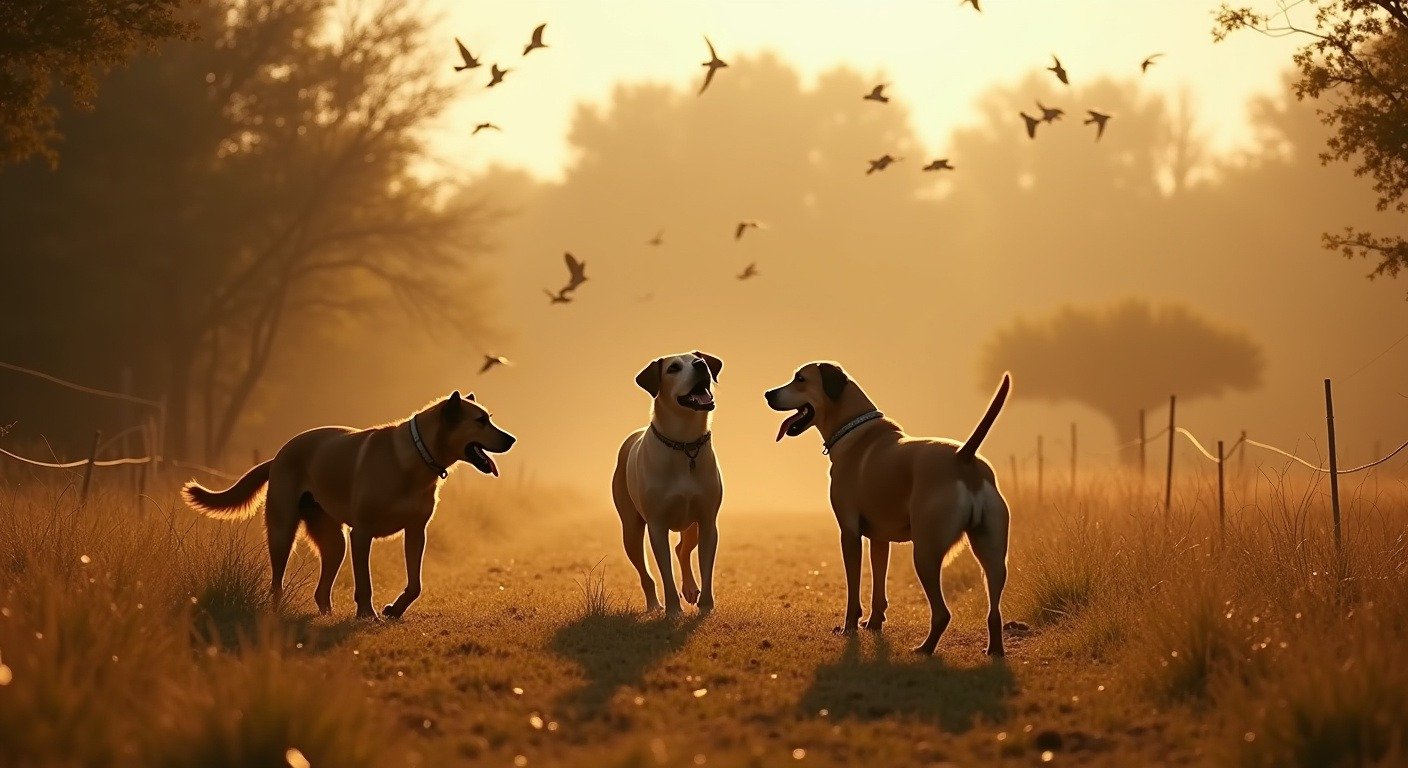 Dogs and birds showing unusual behavior before an earthquake, late afternoon golden light