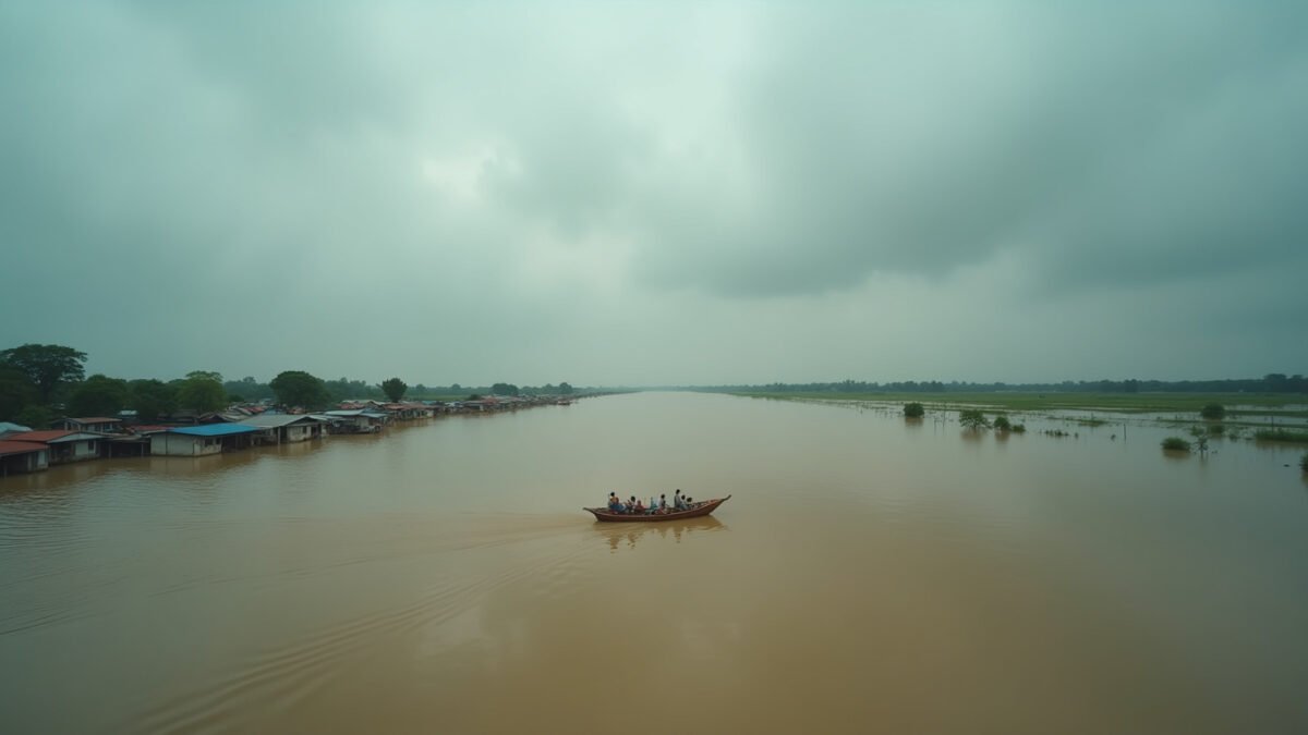 Brahmaputra River floodwaters surround submerged villages in Assam, India during the July 2026 monsoon floods, a small boat carrying people through the vast floodplain