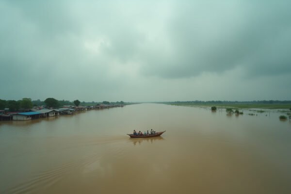 Brahmaputra River floodwaters surround submerged villages in Assam, India during the July 2026 monsoon floods, a small boat carrying people through the vast floodplain