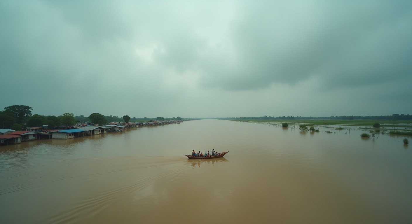 Brahmaputra River floodwaters surround submerged villages in Assam, India during the July 2026 monsoon floods, a small boat carrying people through the vast floodplain