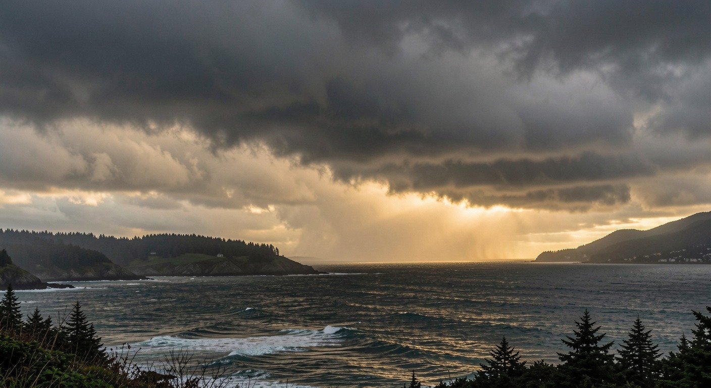 Dramatic storm front approaching a Pacific Northwest coastline with dark layered clouds, representing an atmospheric river weather system