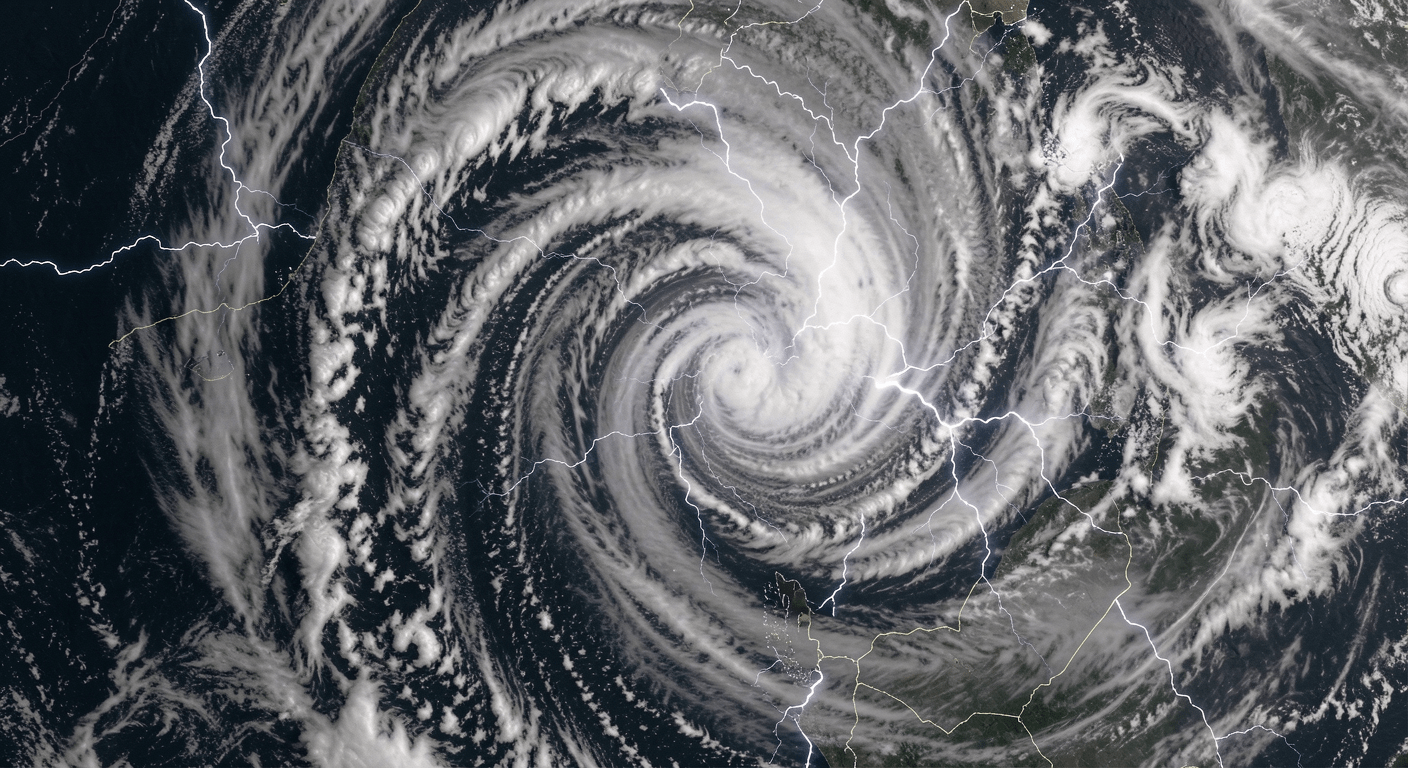 Aerial view of a massive storm system over the ocean with thick swirling cloud bands and lightning illuminating from within