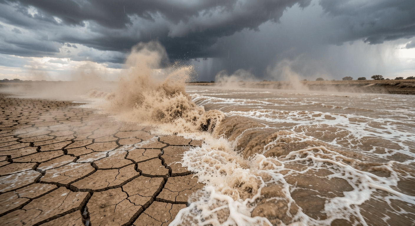 Cracked parched earth landscape transforming into a flash flood as a wall of water rushes across the dry ground under heavy rain clouds