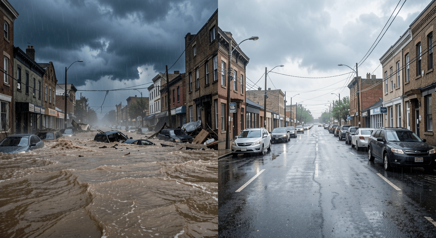Split composition showing flooded urban street on the left with submerged cars and the same street dry on the right, with storm clouds overhead