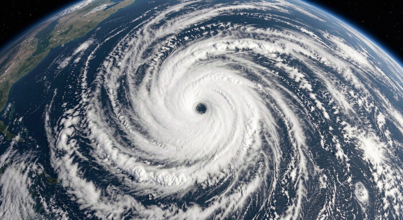 Satellite view of a hurricane showing counterclockwise spiral rotation over the Atlantic Ocean