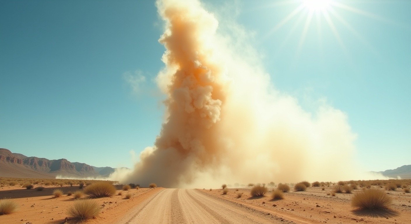 A tall dust devil twisting across a dry desert landscape under clear blue skies, the spinning column of sand and dust rising hundreds of feet into the air