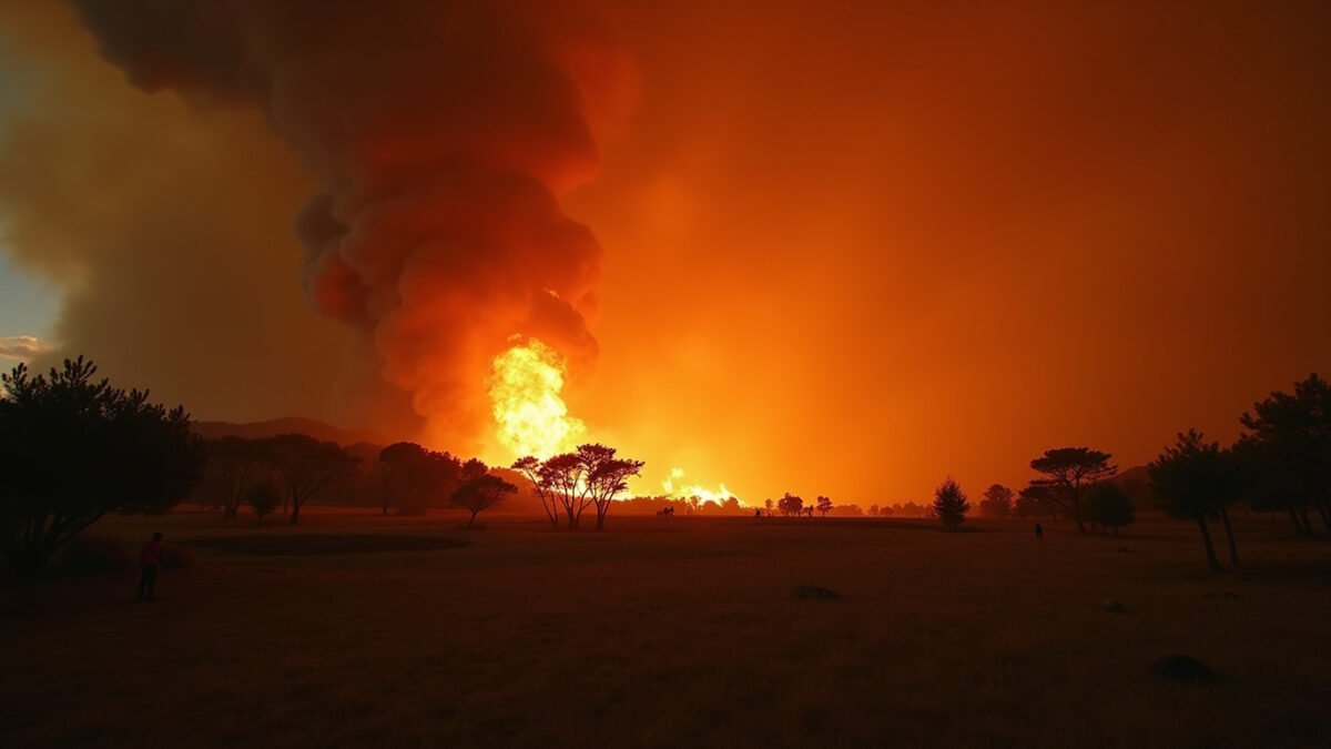 Wide landscape of a Mediterranean pine forest wildfire at dusk with orange smoke plumes rising against a darkening sky, firefighters silhouetted in the distance